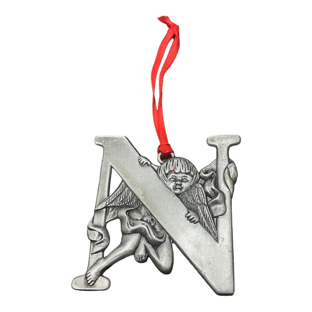Cherub Initial N Christmas Ornament Monogram N Silver Tone